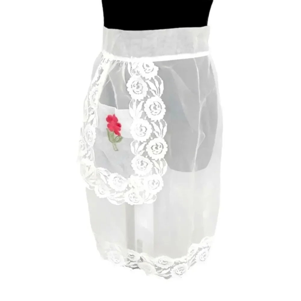 Vintage 1950s Nylon Organdy Sheer Tie Waist Apron Embroidered Lace Farmhouse